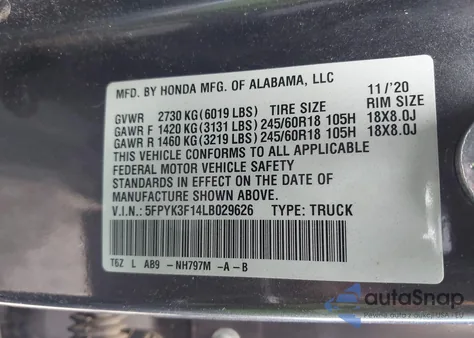 2020 Honda Ridgeline Awd Sport из США, поврежденный, VIN 5FPYK3F14LB029626